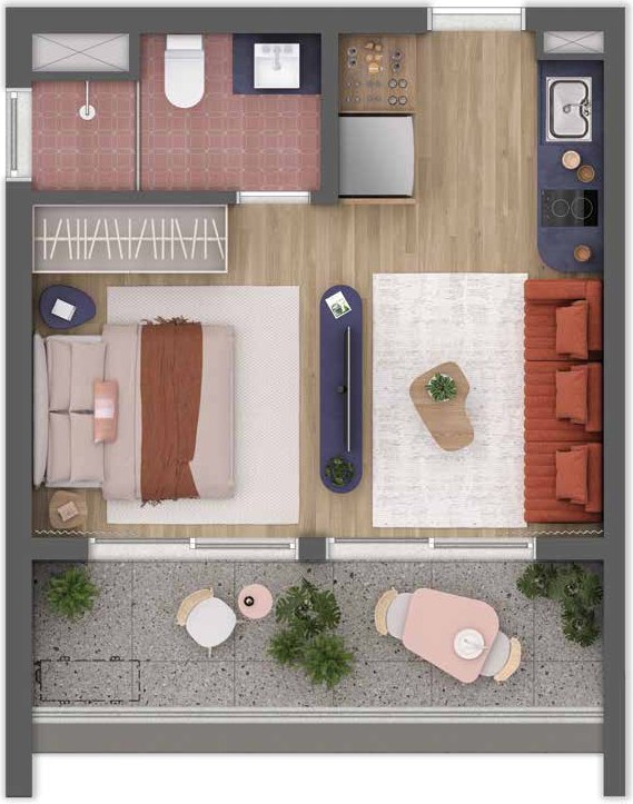 Planta humanizada de 34 m²
